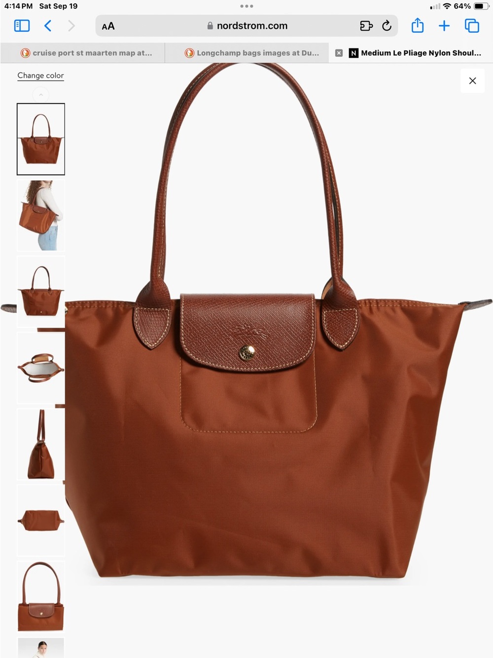 Longchamp Orange LePliage Tote with Brown Leather Trim